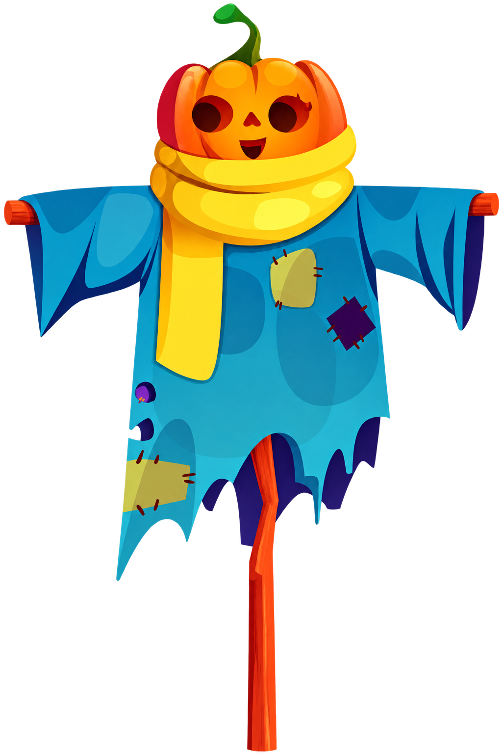 A colourful illustrated pumpkin scarecrow