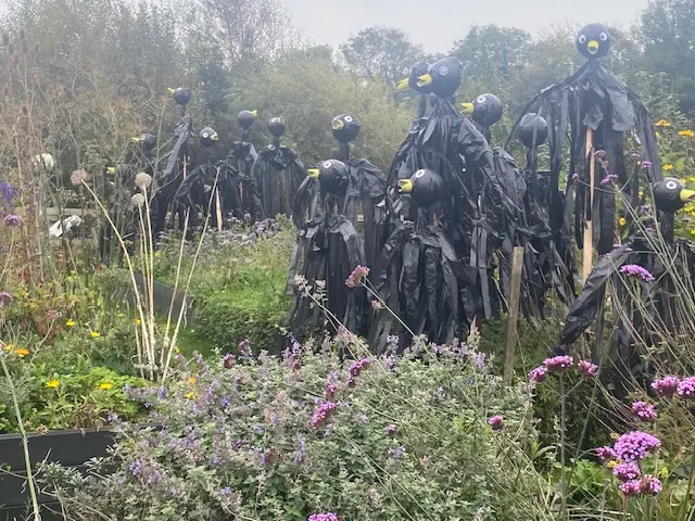 A flock of handmade black crow scarecrows among flowers in the community garden