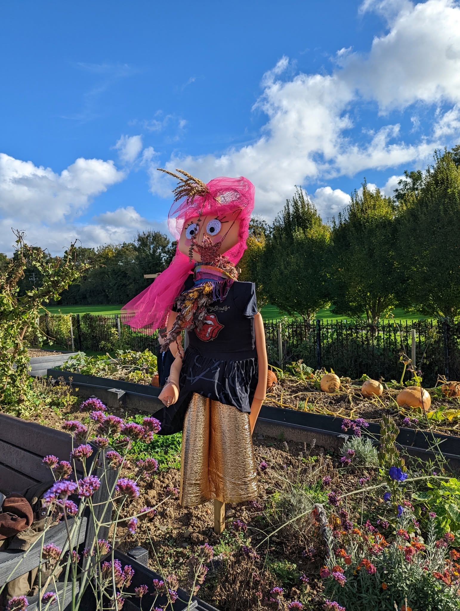 A handmade scarecrow in a bright pink hat surrounded by autumn flowers and pumpkins